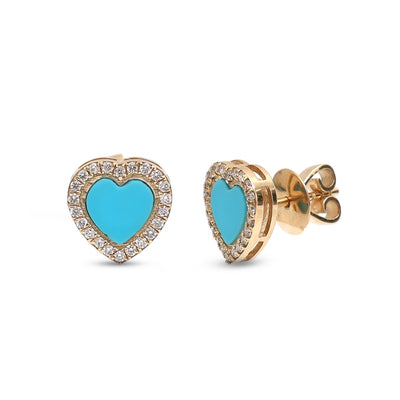 Turquoise Heart 14K (18k Custom) Natural Diamond Yellow Gold Stud Earrings
