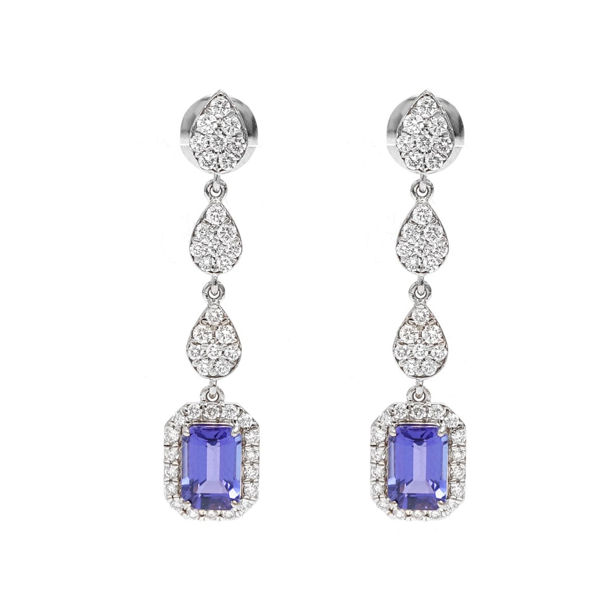 Emerald-Cut 18K Tanzanite & Natural Diamond Halo Drop Earrings White Gold