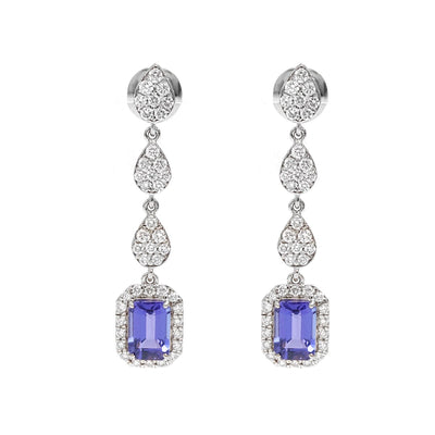 Emerald-Cut 18K Tanzanite & Natural Diamond Halo Drop Earrings White Gold