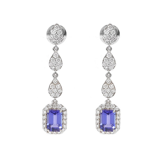 Emerald-Cut 18K Tanzanite & Natural Diamond Halo Drop Earrings White Gold