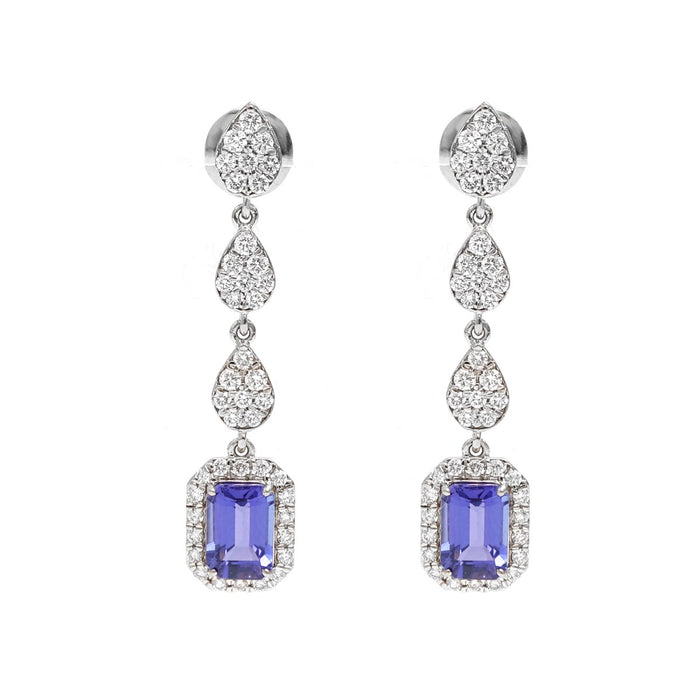 Emerald-Cut 18K Tanzanite & Natural Diamond Halo Drop Earrings White Gold