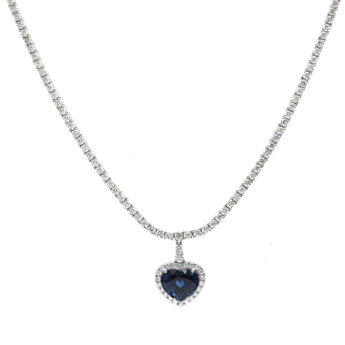 Royal Blue Sapphire Heart Halo 18K White Gold Necklace