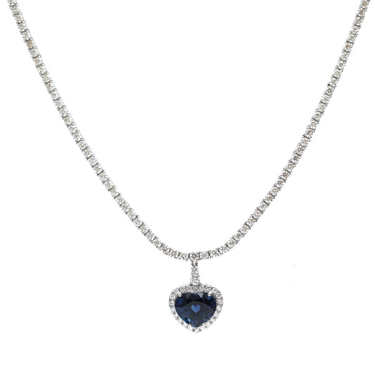 Royal Blue Sapphire Heart Halo 18K White Gold Necklace