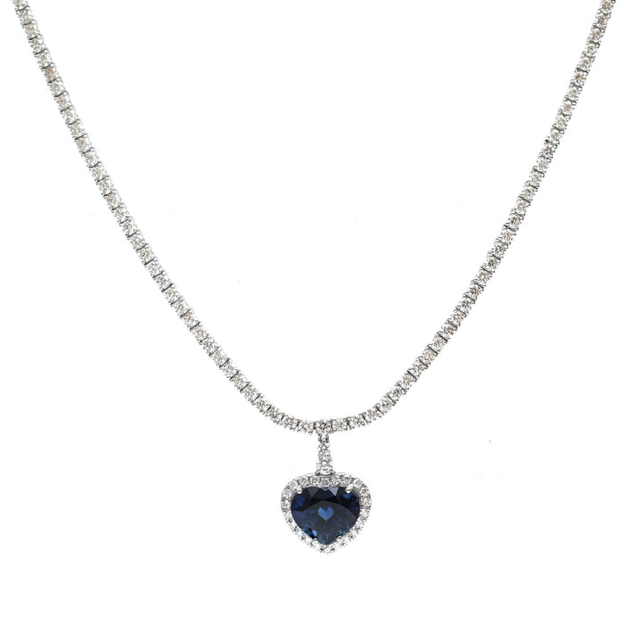 Royal Blue Sapphire Heart Halo 18K White Gold Necklace