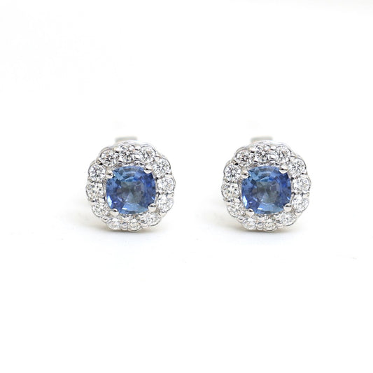 Blue Sapphire Cushion 18K Natural Diamond White Gold Halo Stud Earrings