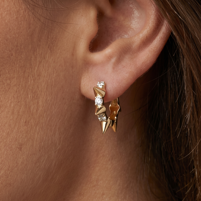 Spike Edge 14K Princess Cut Gold Hoop Earrings