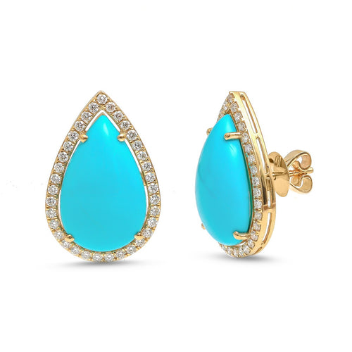 Teardrop Turquoise Halo 14K (18K Custom) Natural Diamond Yellow Gold Stud Earrings