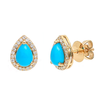 Pear Turquoise Halo 14K (18K Natural) Natural Diamond Yellow Gold Stud Earrings