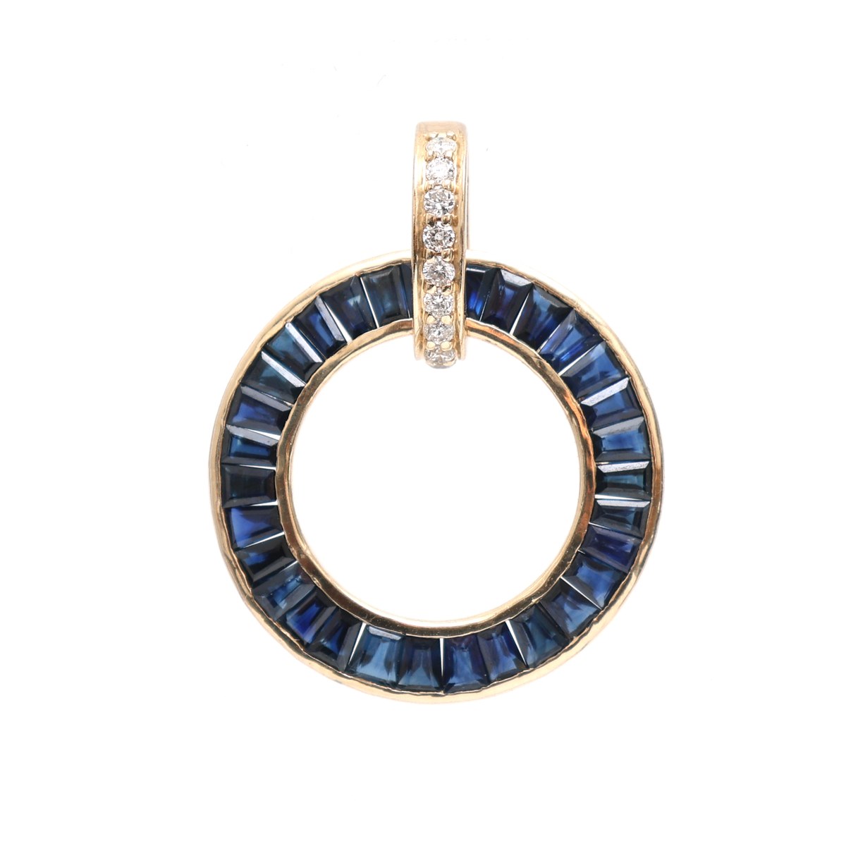 Cobalt Sapphire Diamond Circle 14K (18K Custom) Yellow Gold Pendant Necklace
