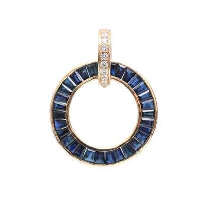 Cobalt Sapphire Diamond Circle 14K (18K Custom) Yellow Gold Pendant Necklace