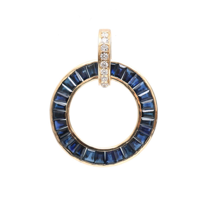 Cobalt Sapphire Diamond Circle 14K (18K Custom) Yellow Gold Pendant Necklace