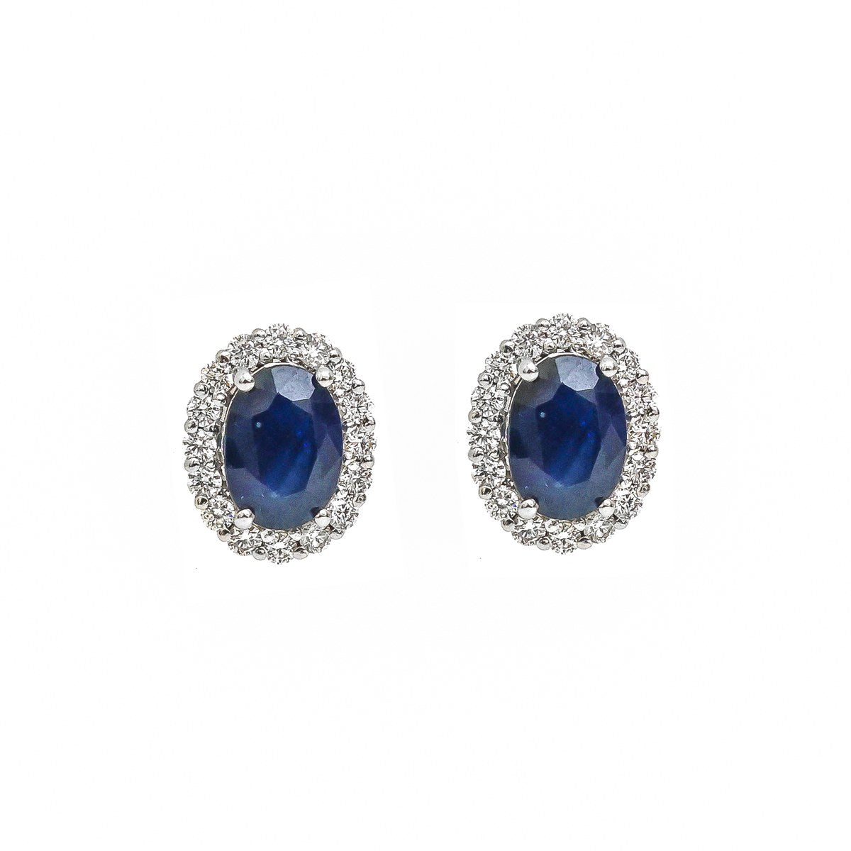 Blue Sapphire Diamond Halo 18K White Gold Stud Earrings