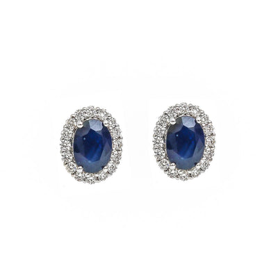 Blue Sapphire Diamond Halo 18K White Gold Stud Earrings