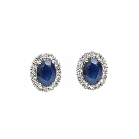 Blue Sapphire Diamond Halo 18K White Gold Stud Earrings
