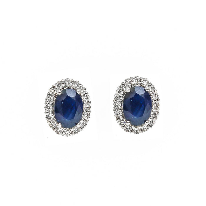 Blue Sapphire Diamond Halo 18K White Gold Stud Earrings