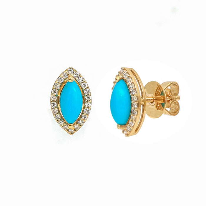 Marquise Turquoise Halo 14K Natural Diamond Yellow Gold Stud Earrings