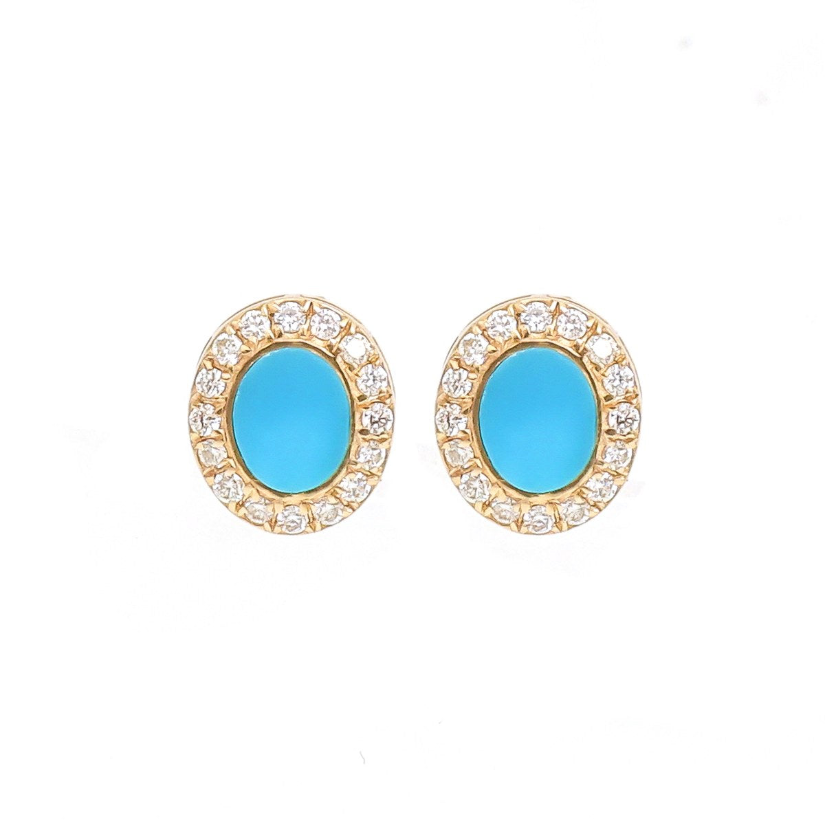 Oval Turquoise Halo 14K (18K Custom) Natural Diamond Yellow Gold Stud Earrings