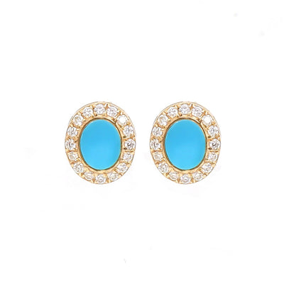 Oval Turquoise Halo 14K (18K Custom) Natural Diamond Yellow Gold Stud Earrings