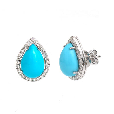Pear-Shaped 14K  (18k Custom)  Turquoise & Natural Diamond Halo White Gold Stud Earrings