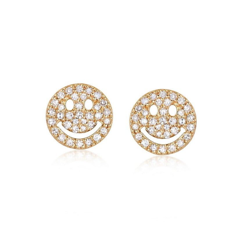 Smiley Face Diamond Stud Earrings in 14K Yellow Gold
