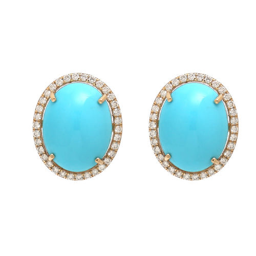 Turquoise & Natural Diamond Halo Stud Earrings in 18K Yellow Gold