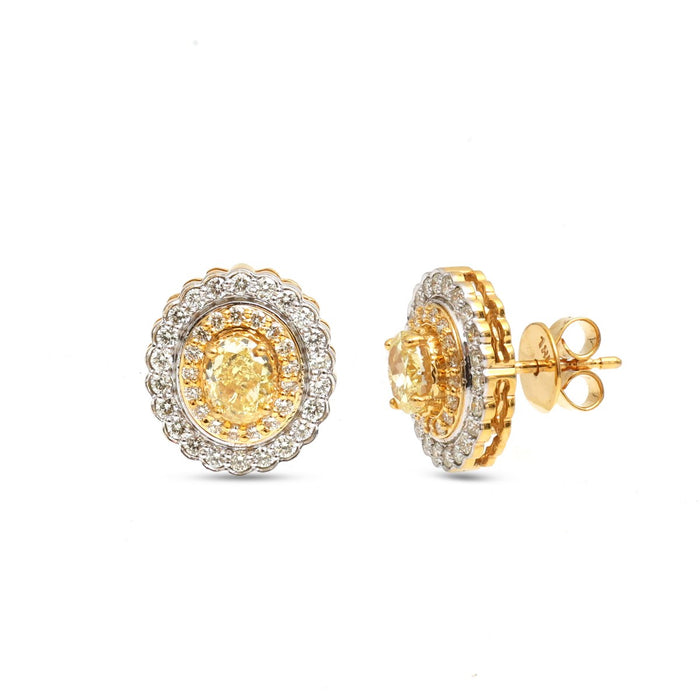 Yellow & White Diamond Halo 18K Natural Diamond Yellow Gold Stud Earrings