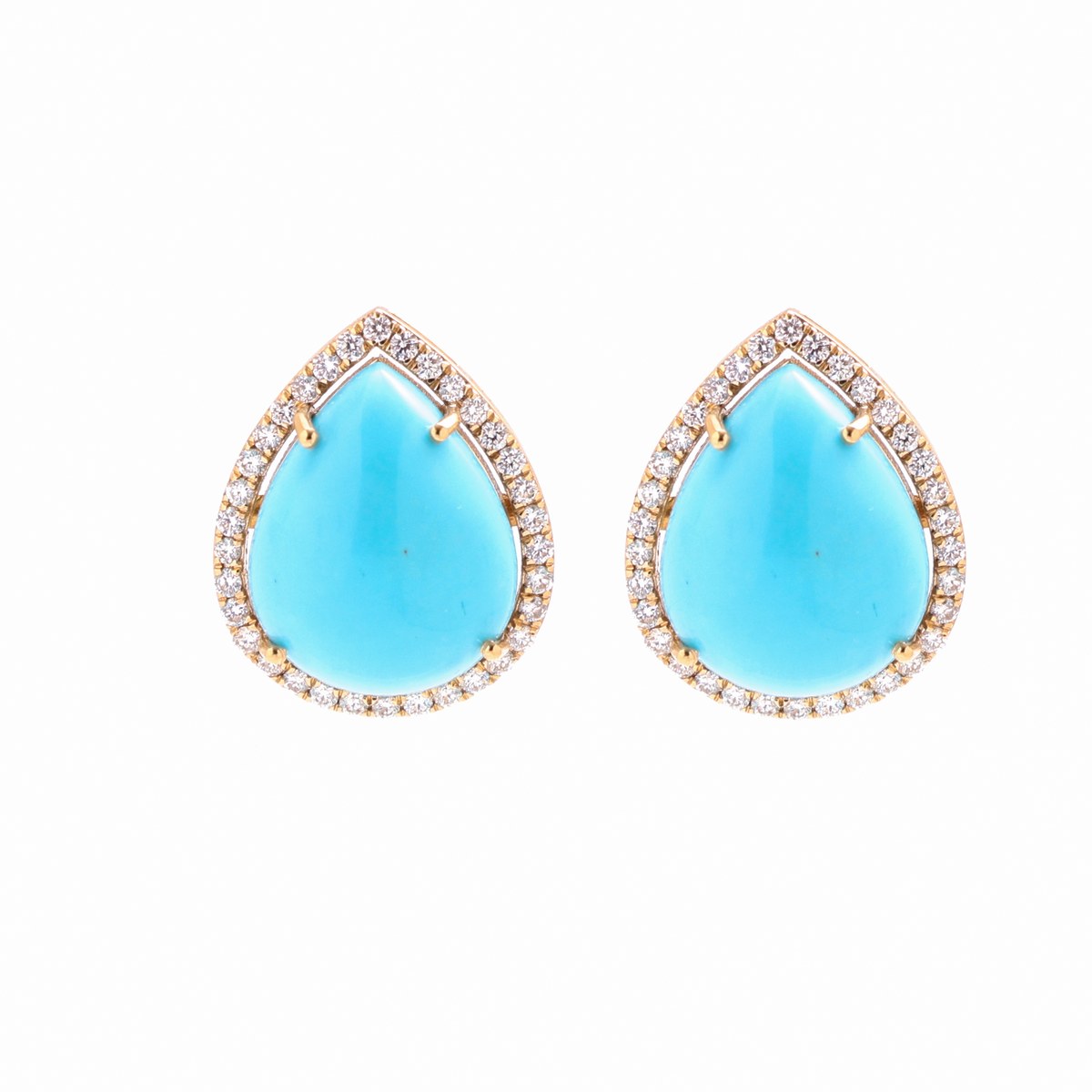 Pear Turquoise Radiance Halo 18K Natural Diamond Yellow Gold Stud Earrings