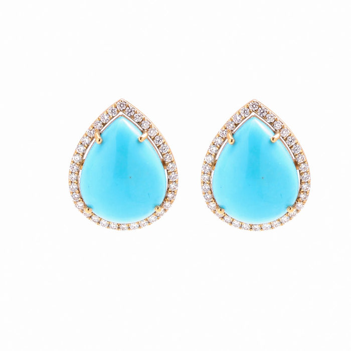 Pear Turquoise Radiance Halo 18K Natural Diamond Yellow Gold Stud Earrings