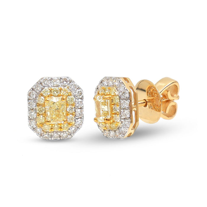 Yellow Diamond Sunflare Halo 18K Natural Diamond Two-Tone Gold Stud Earrings