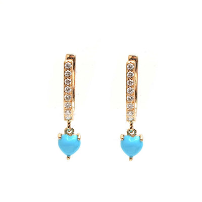 Turquoise Heart 18K Yellow Gold Drop Hoop Earrings