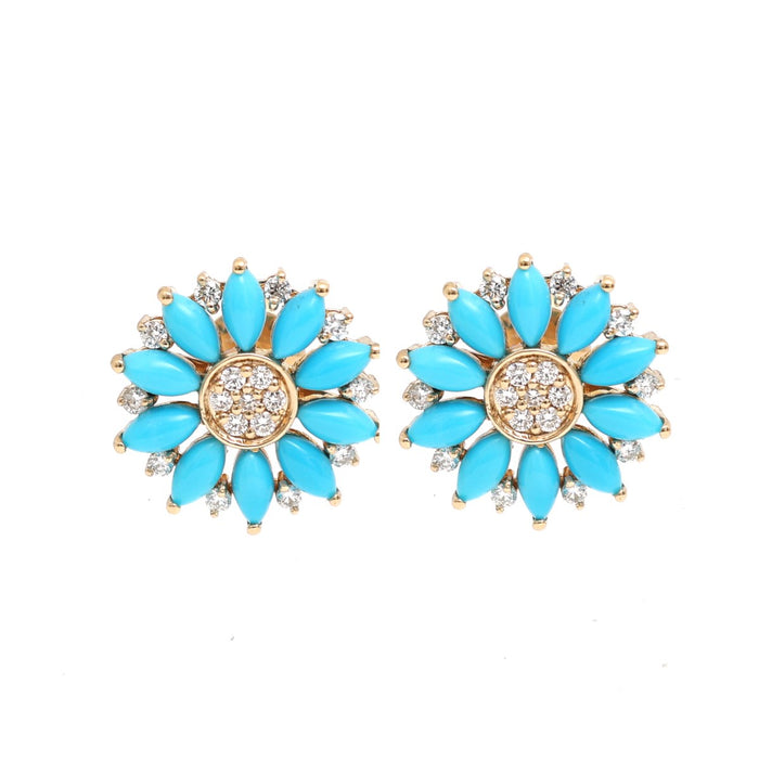 Turquoise Floral Cluster 18K Natural Diamond Yellow Gold Stud Earrings