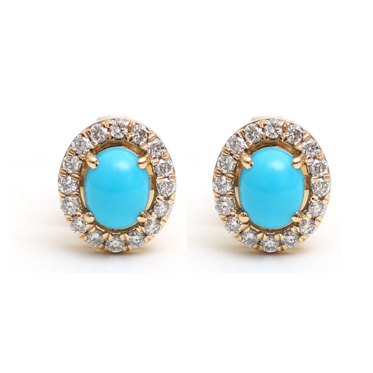 Oval Turquoise Radiance Halo 18K Natural Diamond Yellow Gold Stud Earrings