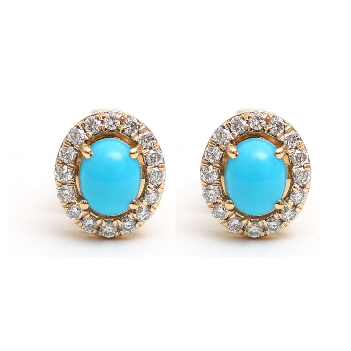 Oval Turquoise Radiance Halo 18K Natural Diamond Yellow Gold Stud Earrings