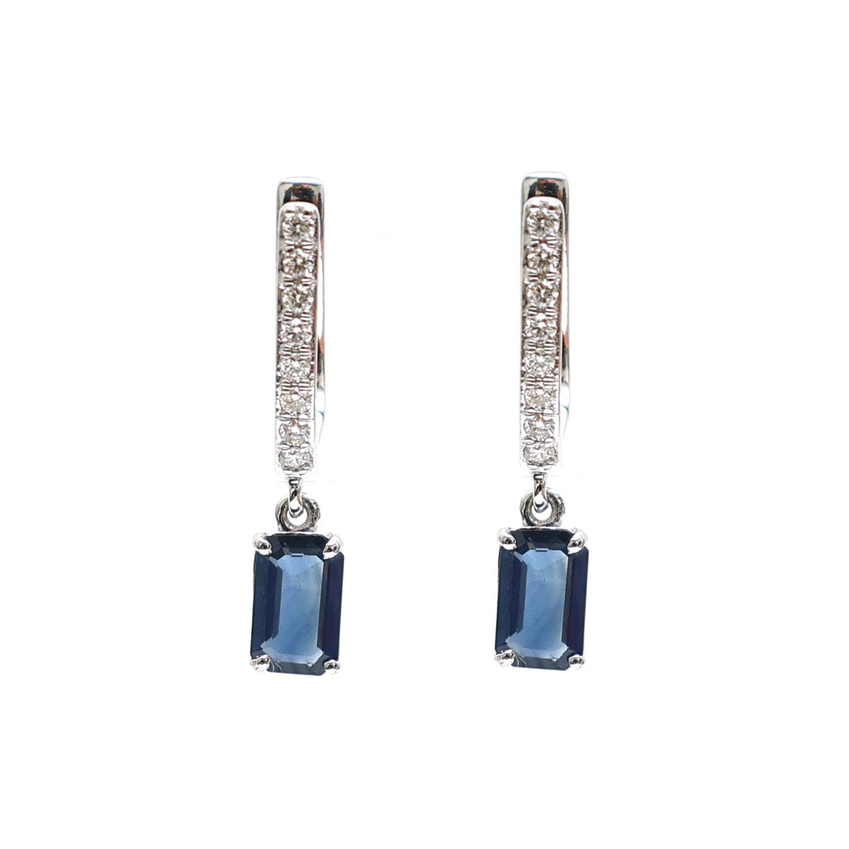 18K Blue Sapphire & Natural Diamond Drop Hoop Earrings in White Gold