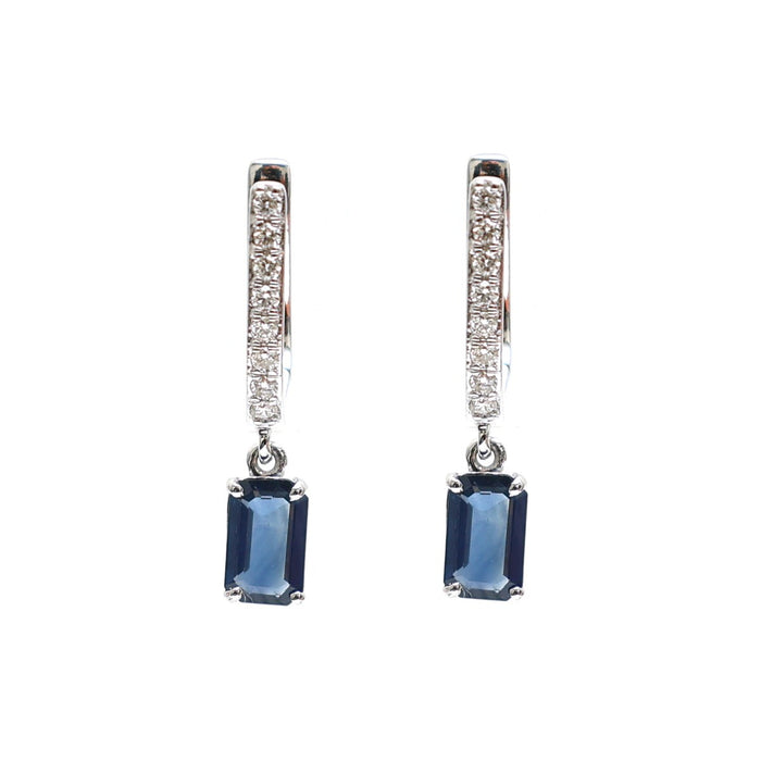 18K Blue Sapphire & Natural Diamond Drop Hoop Earrings in White Gold