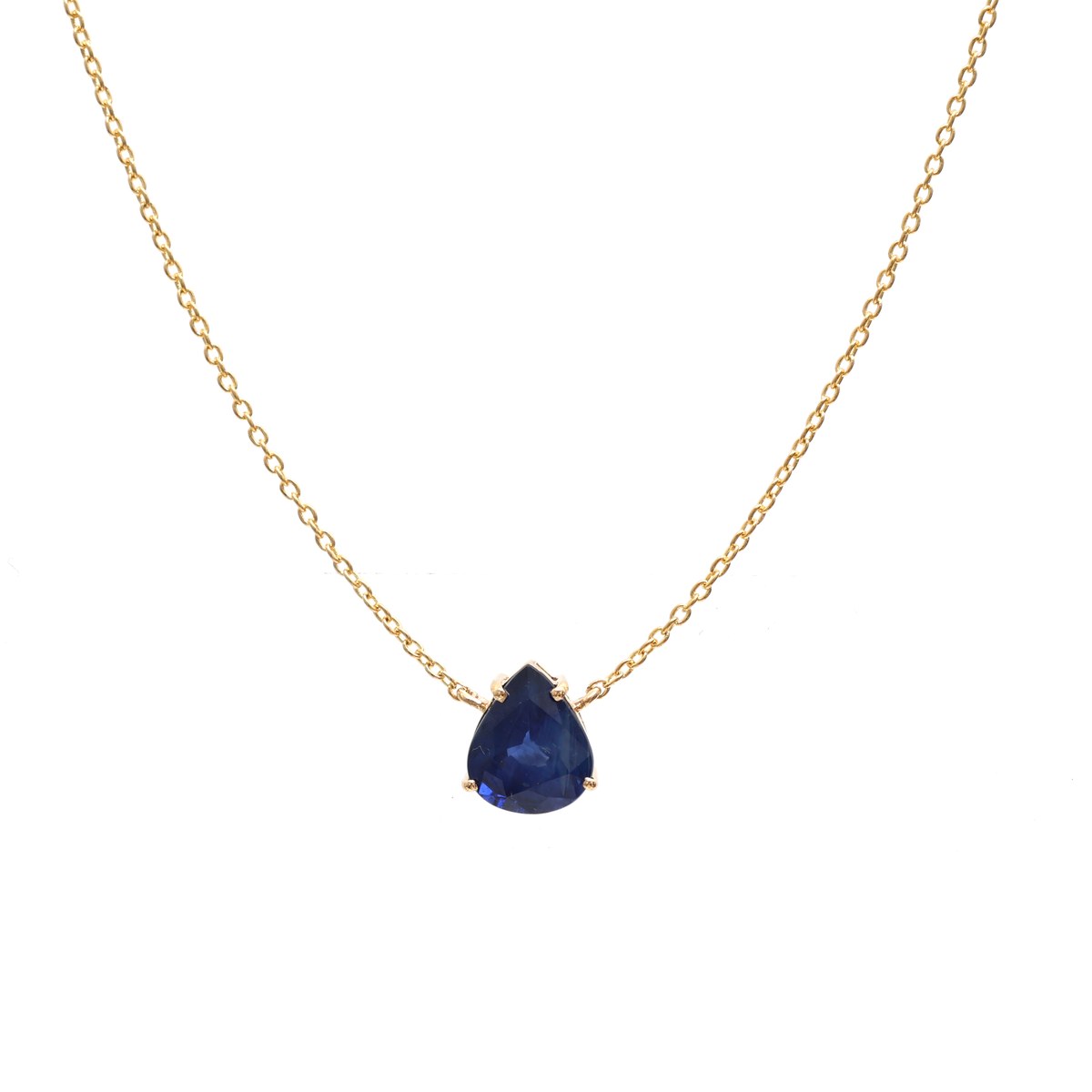 Pear Cut Royal Blue Sapphire 18K Yellow Gold Solitaire Necklace