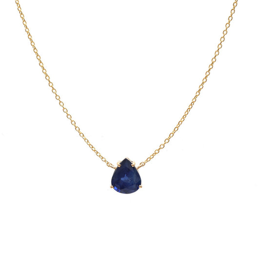 Pear Cut Royal Blue Sapphire 18K Yellow Gold Solitaire Necklace