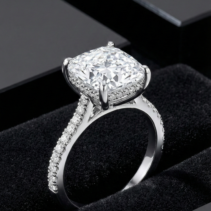 Radiant Cut Diamond Pave Band Solitaire Ring in 18K Gold