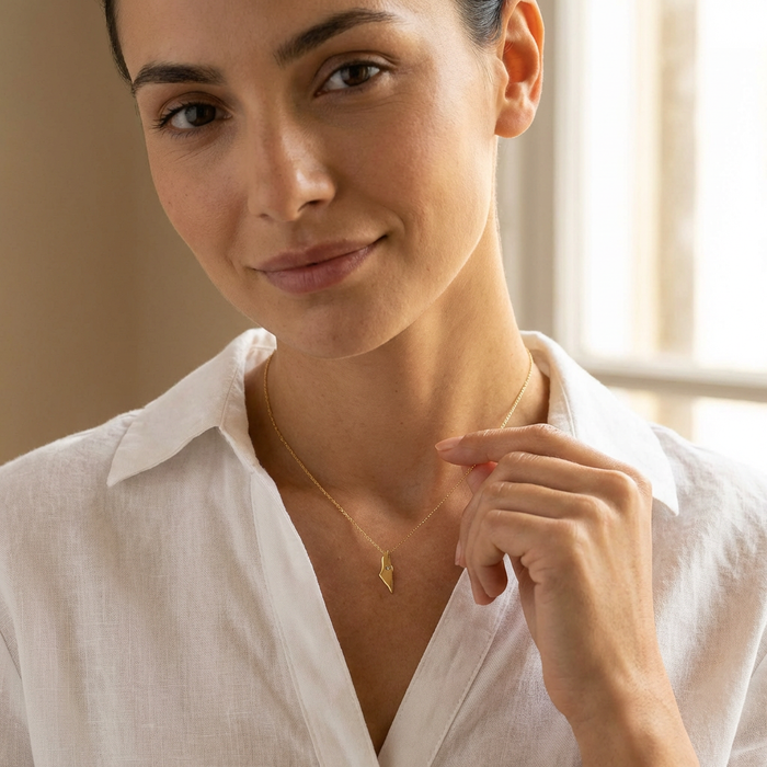 Gold Map Pendant Round Diamond Necklace in 14K Yellow Gold