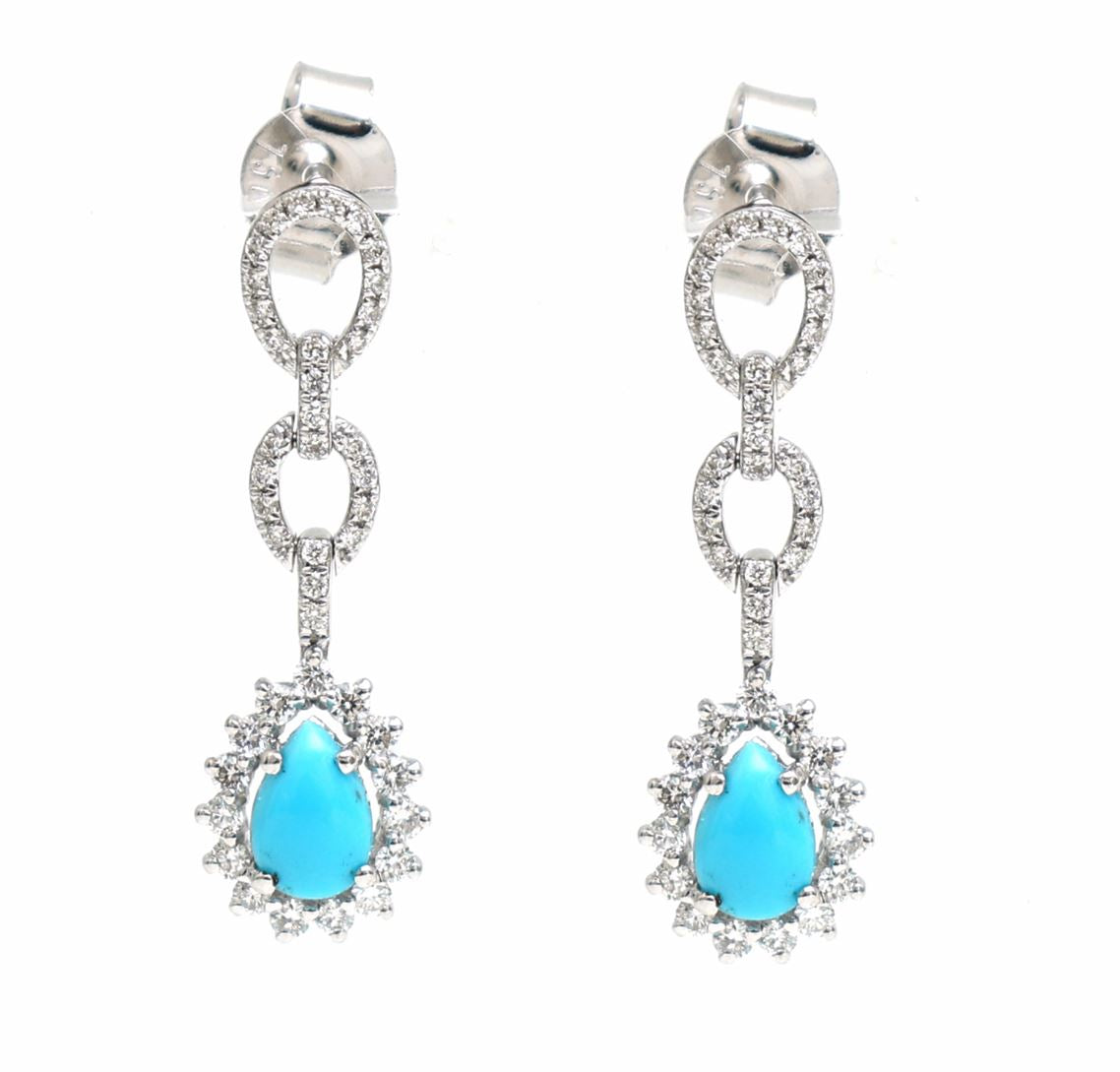 Serene Ocean Turquoise Diamond Drop Earrings in 18K White Gold