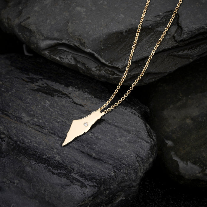 Gold Map Pendant Round Diamond Necklace in 14K Yellow Gold
