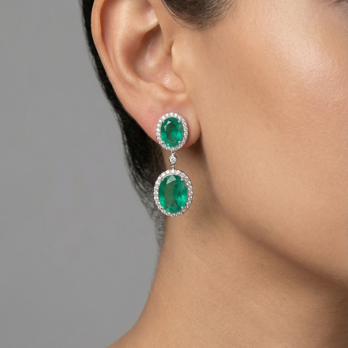 Royal Bloom Emerald Diamond Drop Earrings in 18K White Gold