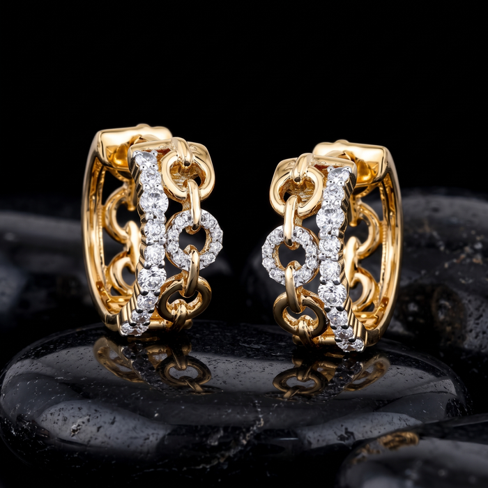 Diamond Link Huggie Hoop Earrings in 14K Yellow Gold