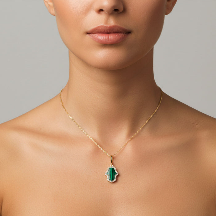 Malachite Hamsa Pendant Diamond Necklace in 14K Yellow Gold