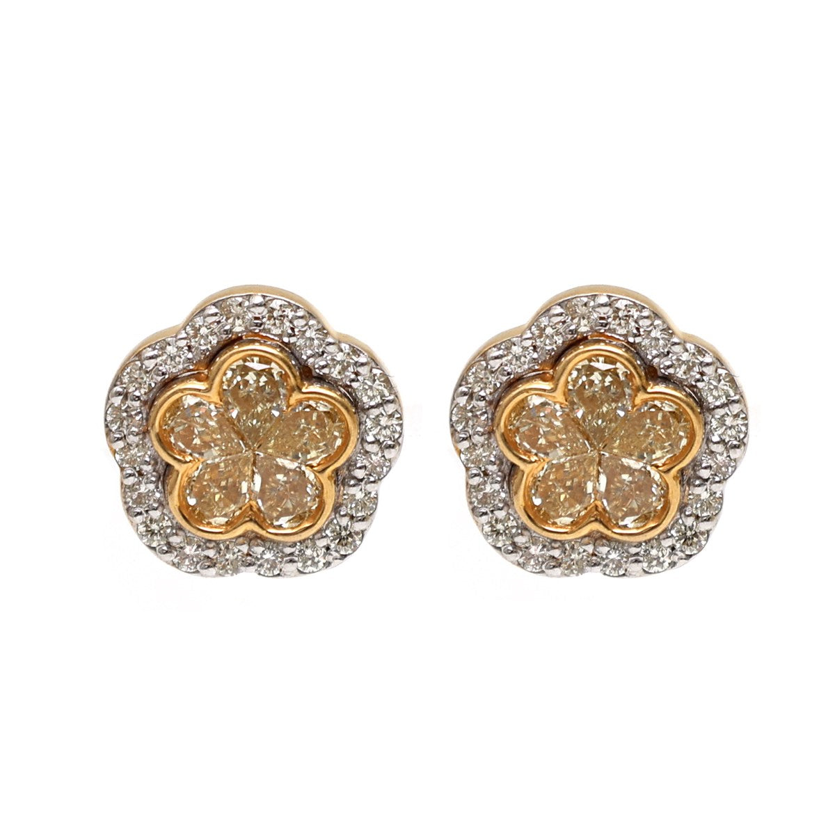 Yellow Diamond Floral Halo 18K Yellow Gold Stud Earrings
