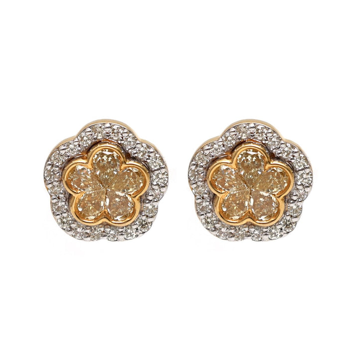 Yellow Diamond Floral Halo 18K Yellow Gold Stud Earrings