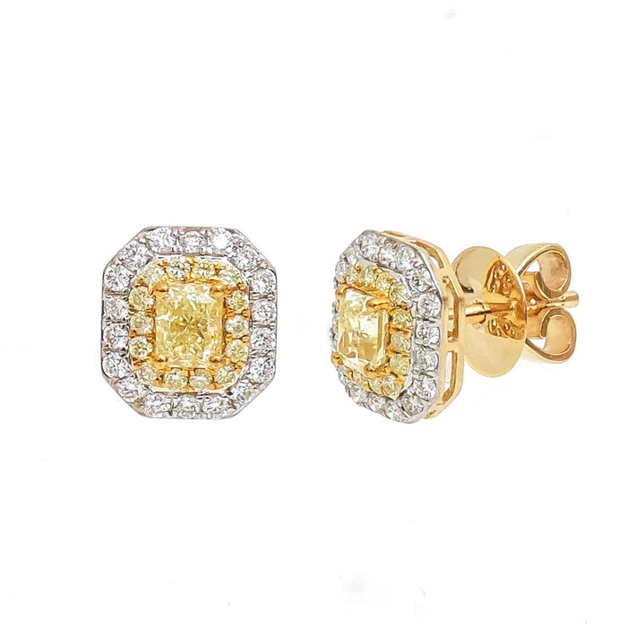 Yellow Diamond & Natural Diamond 18K Halo Stud Earrings Yellow and White Gold