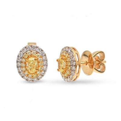 Yellow Diamond Double Halo 18K Natural Diamond Two-Tone Gold Stud Earrings