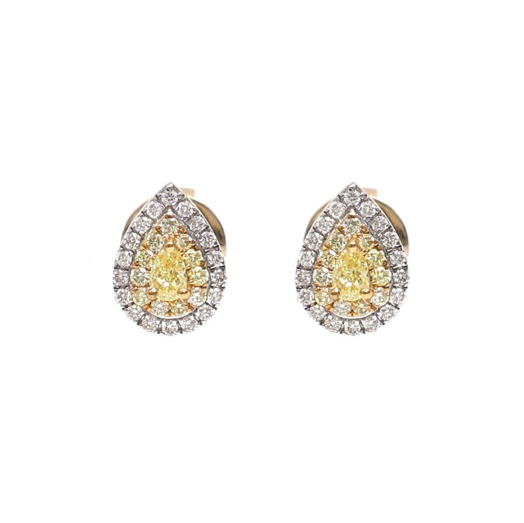 Pear Yellow Diamond Halo 18K Natural Diamond Two-Tone Gold Stud Earrings
