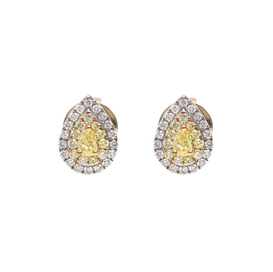 Pear Yellow Diamond Halo 18K Natural Diamond Two-Tone Gold Stud Earrings